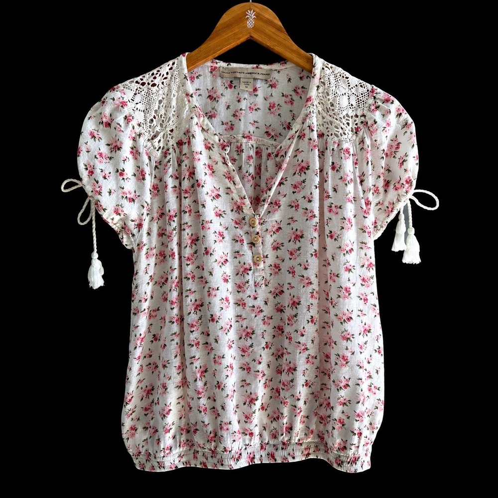 Vintage America Jeans Floral Cotton Gauze Boho Lace Tassel Peasant Blouse M